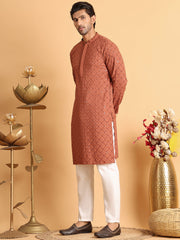 Embroidered & Sequins Straight Kurta Set For Men ( JOKP P 5117Rust ) [FF] [O-19]