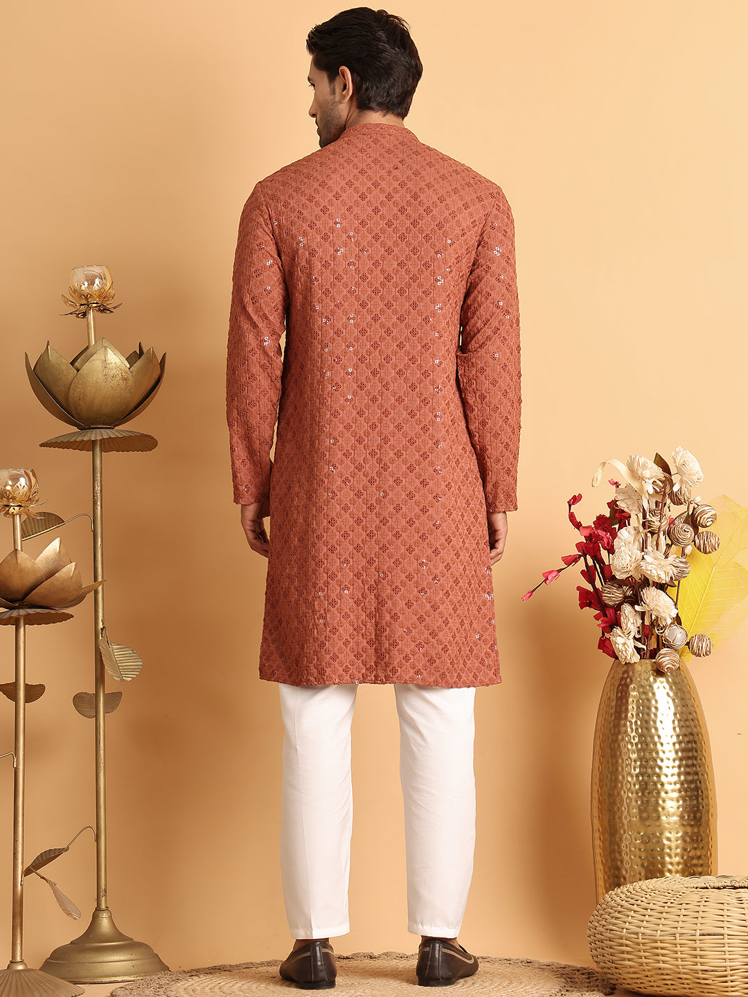 DesiQlo Men Embroidered Kurta Pyjama Set - Red - JOKP_P_5117Rust_S