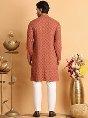 Embroidered & Sequins Straight Kurta Set For Men ( JOKP P 5117Rust ) [FF] [O-19]