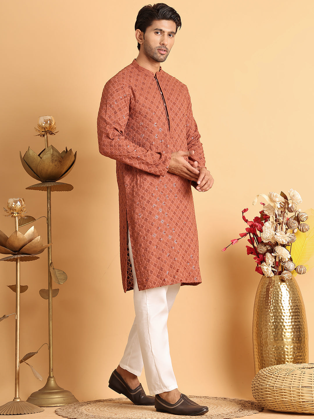 DesiQlo Men Embroidered Kurta Pyjama Set - Red - JOKP_P_5117Rust_S