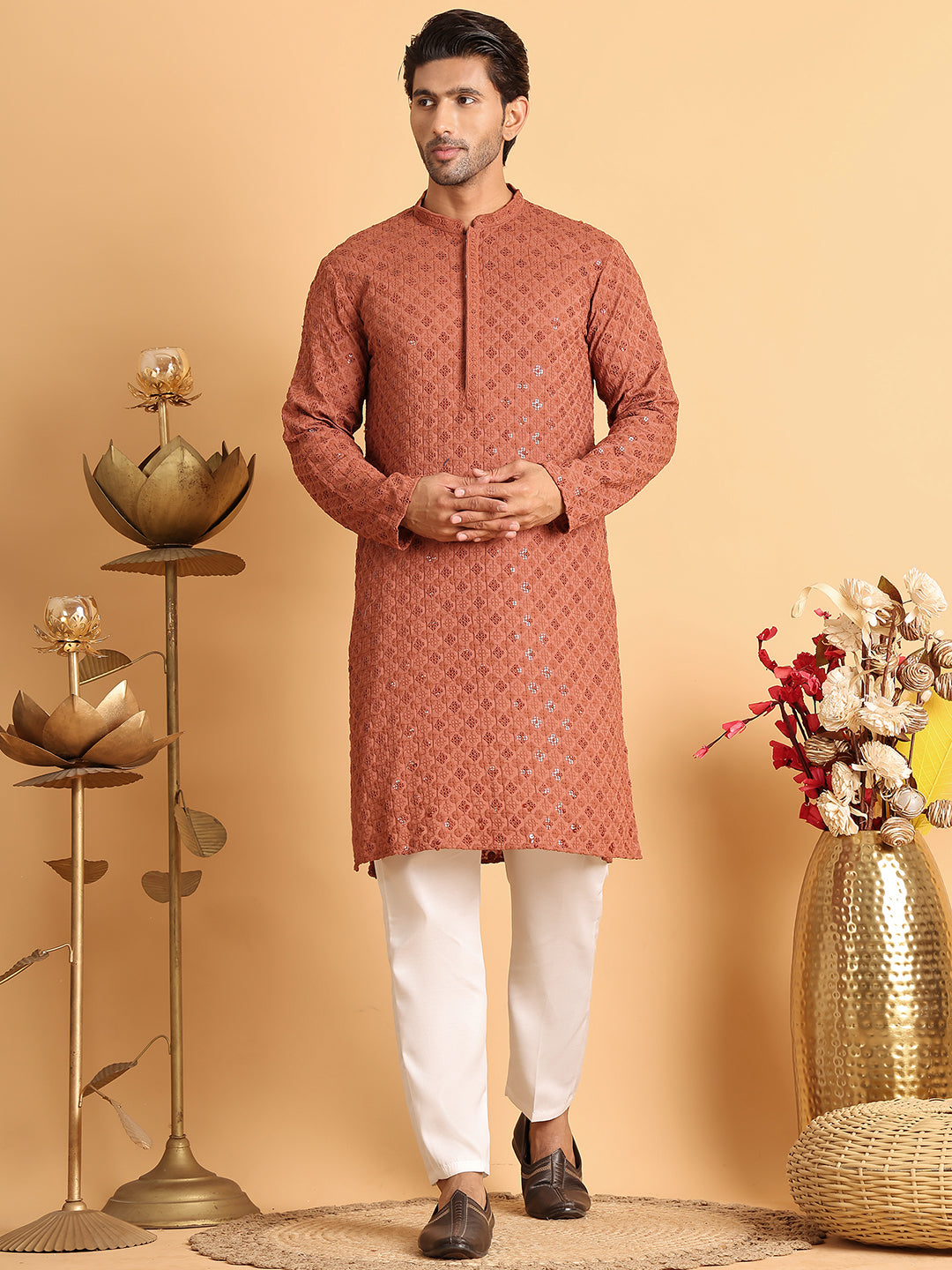 DesiQlo Men Embroidered Kurta Pyjama Set - Red - JOKP_P_5117Rust_S