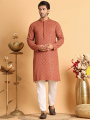 Embroidered & Sequins Straight Kurta Set For Men ( JOKP P 5117Rust ) [FF] [O-19]