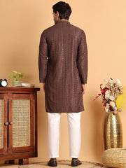 Embroidered Straight Kurta Set For Men ( JOKP P 5118Coffee ) [FF] [P-19]