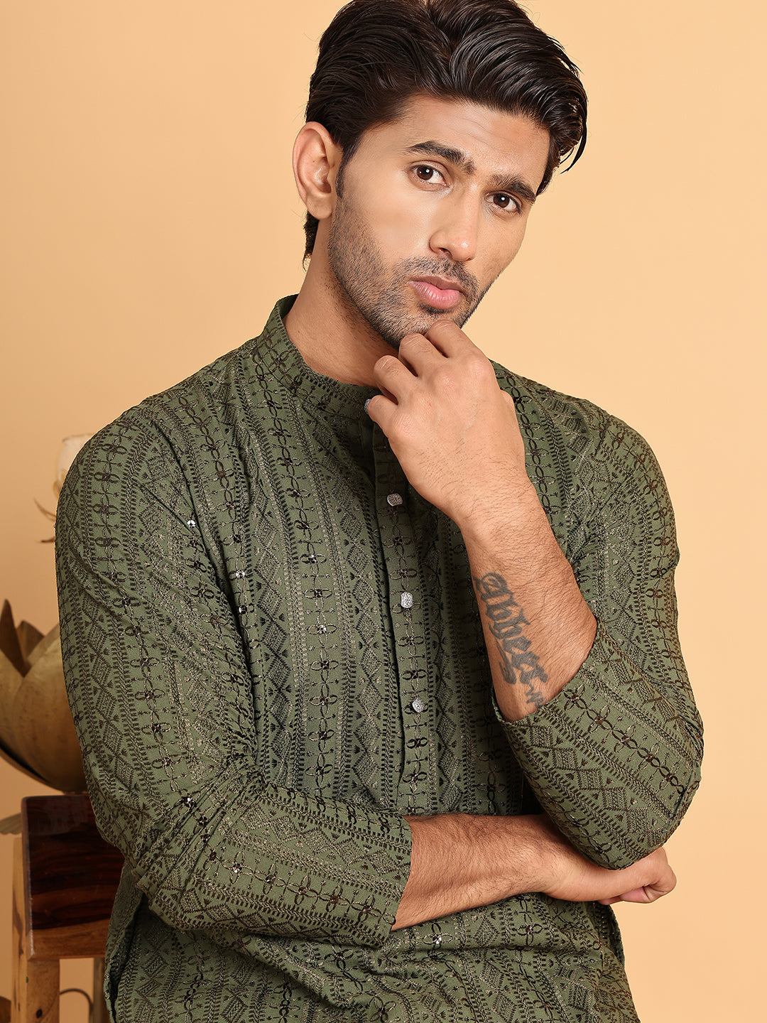 DesiQlo Men Embroidered Kurta Pyjama Set - Green - JOKP_P_5118Mehndi_S