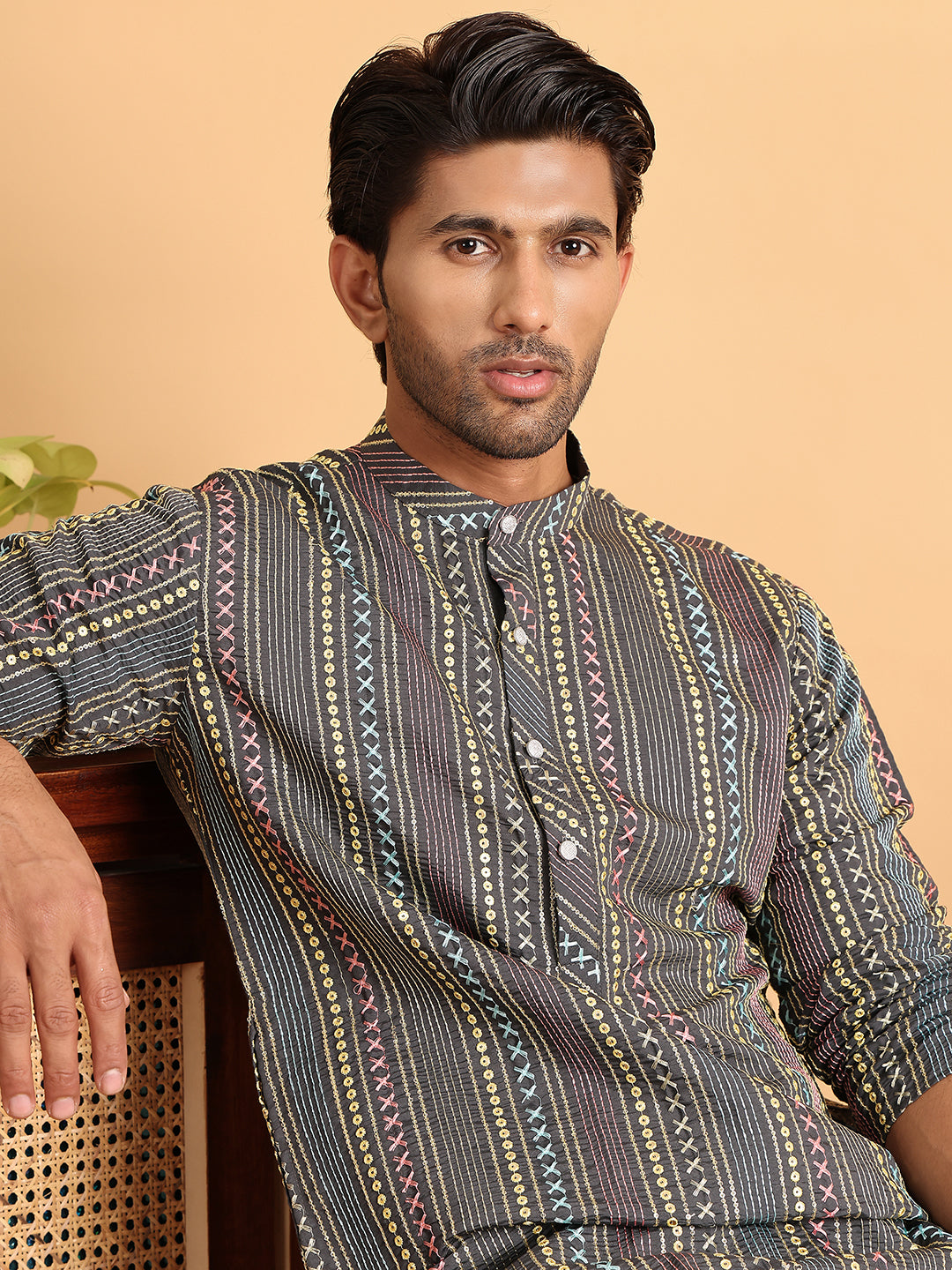 Embroidered Silk Blend Kurta Set For Men ( JOKP P 5119Grey ) [FF] [J-3]