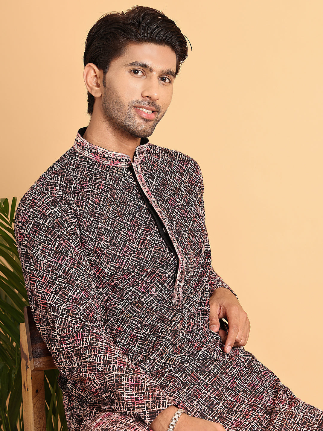 DesiQlo Men Embroidered Kurta Pyjama Set - Orange - JOKP_P_5120Peach_S