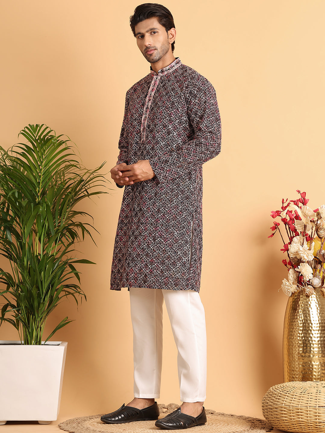 DesiQlo Men Embroidered Kurta Pyjama Set - Orange - JOKP_P_5120Peach_S