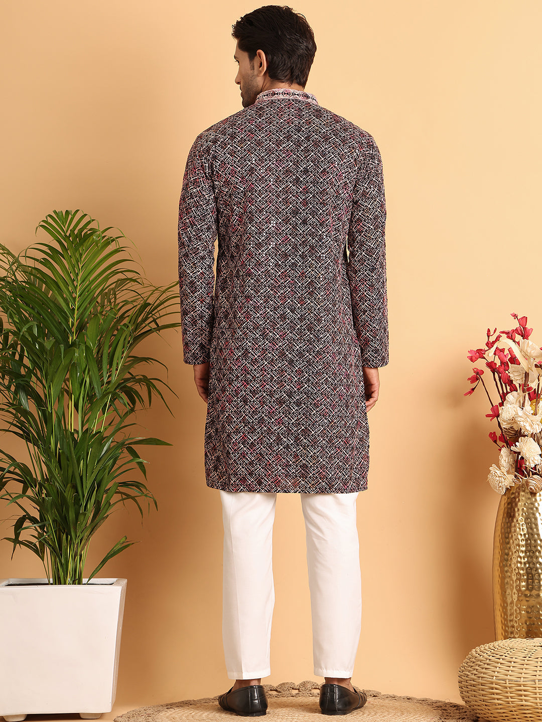 DesiQlo Men Embroidered Kurta Pyjama Set - Orange - JOKP_P_5120Peach_S