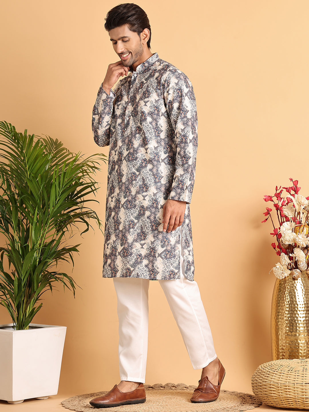 DesiQlo Men Embroidered Kurta Pyjama Set - Grey - JOKP_P_5123Grey_S