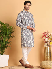 Chikankari Embroidered & Printed Kurta Set ( JOKP P 5123Grey ) [FF] [I-1-4]