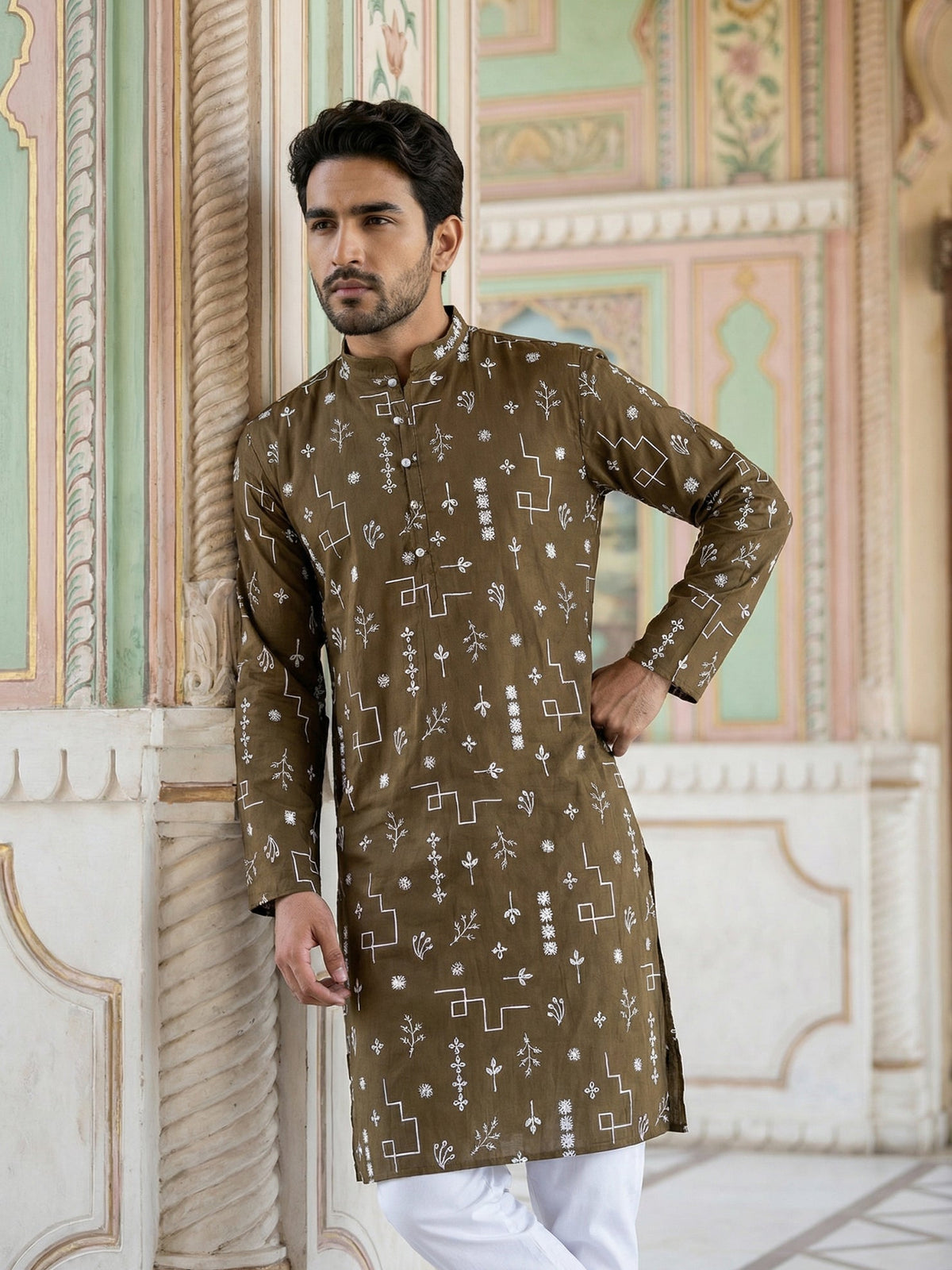 Embroidered Silk Blend Straight Kurta Pyjama ( JOKP P 5126Mehndi ) [FF] [F8]