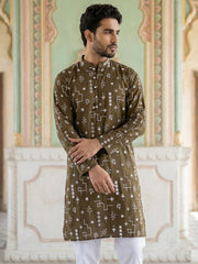 Embroidered Silk Blend Straight Kurta Pyjama ( JOKP P 5126Mehndi ) [FF] [F8]