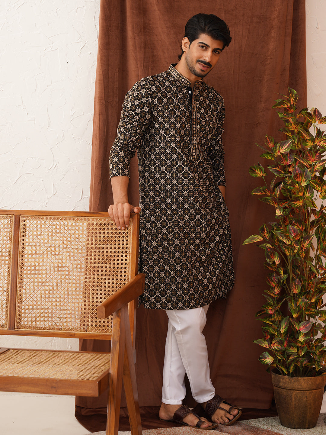 Embroidered Kurta Pyjama Set For Men ( JOKP P 5127Black ) [FF] [O-1-4]