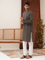 Embroidered Kurta Pyjama Set For Men ( JOKP P 5127Black ) [FF] [O-1-4]