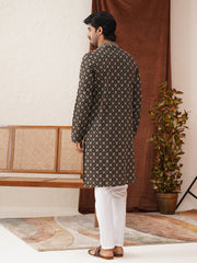 Embroidered Kurta Pyjama Set For Men ( JOKP P 5127Black ) [FF] [O-1-4]