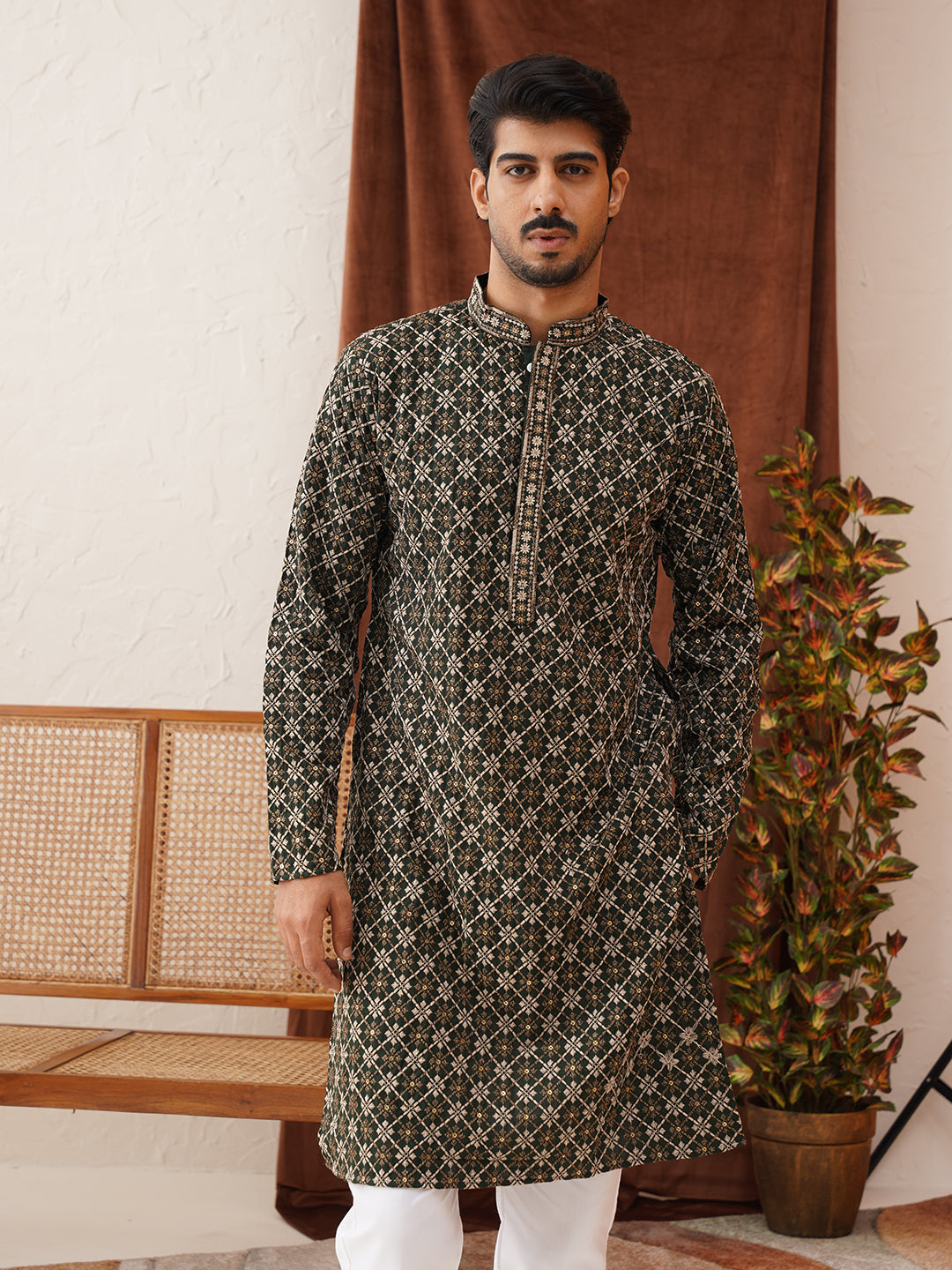 DesiQlo Men Embroidered Kurta Pyjama Set - Green - JOKP_P_5127Olive_S
