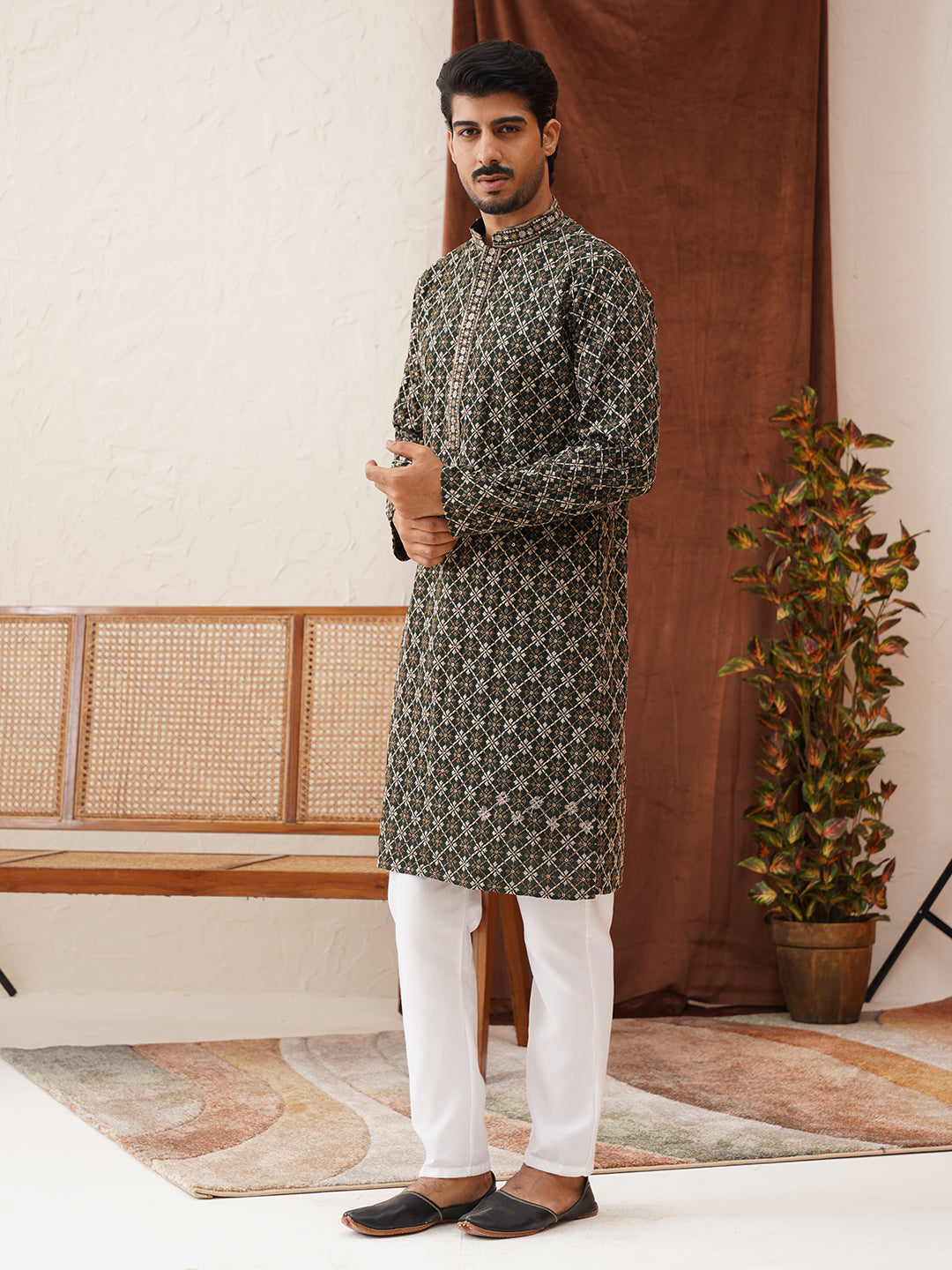 DesiQlo Men Embroidered Kurta Pyjama Set - Green - JOKP_P_5127Olive_S