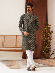 Embroidered Kurta Pyjama Set For Men ( JOKP P 5127Olive ) [FF] [O-1-4]