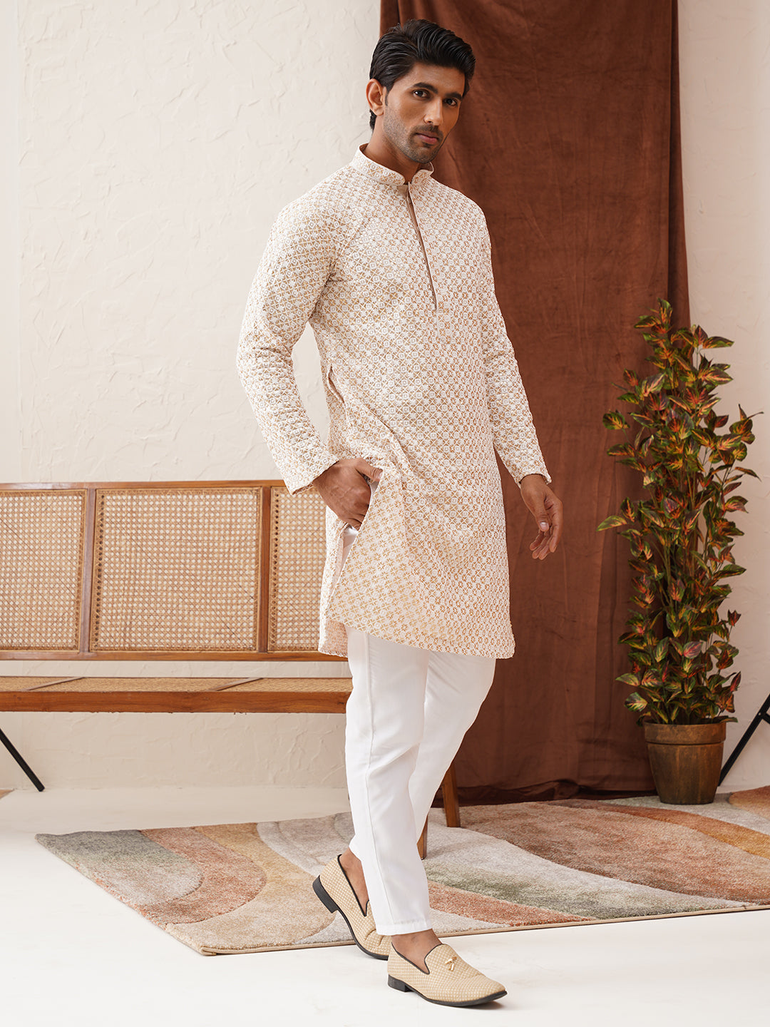 DesiQlo Men Embroidered Kurta Pyjama Set - Beige - JOKP_P_5128Beige_S