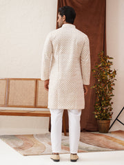 Sequins & Embroidered Kurta Pyjama Set For Men ( JOKP P 5128Beige ) [FF] [I-1-4 & H2-3]