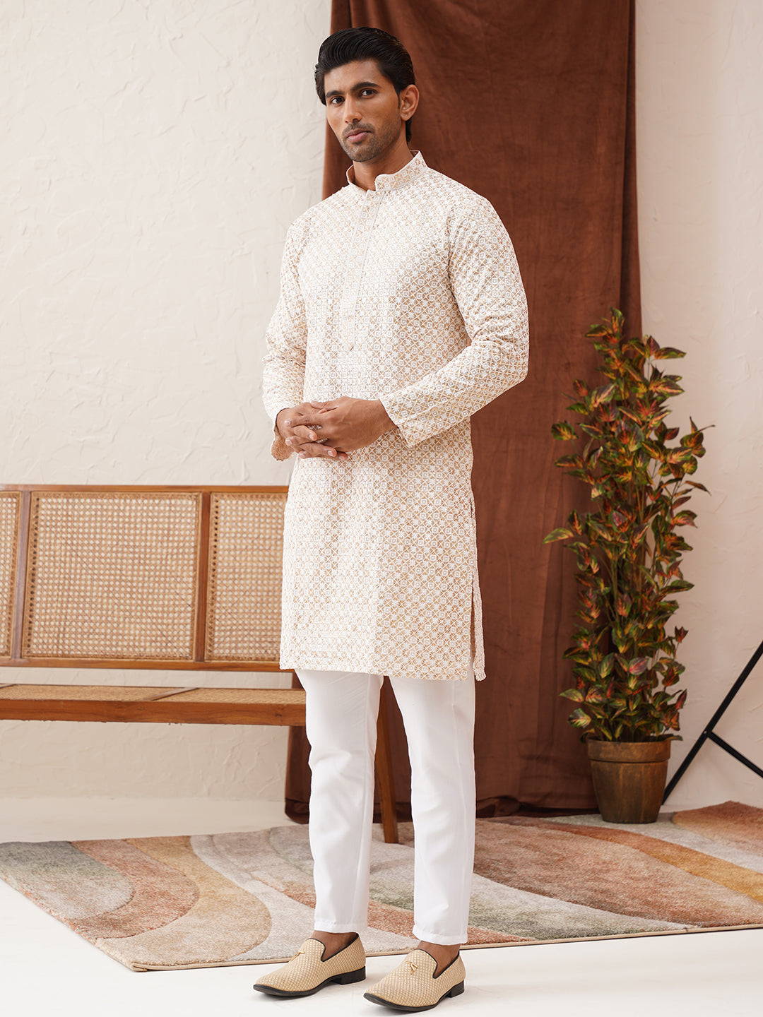 DesiQlo Men Embroidered Kurta Pyjama Set - Beige - JOKP_P_5128Beige_S