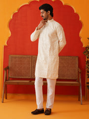 Sequins & Embroidered Kurta Pyjama Set For Men ( JOKP P 5128Cream ) [FF] [I-1-4 & H2-3]
