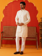 Sequins & Embroidered Kurta Pyjama Set For Men ( JOKP P 5128Cream ) [FF] [I-1-4 & H2-3]