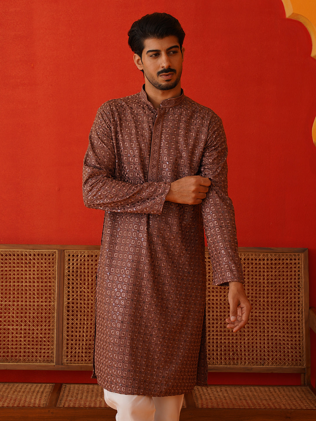 Embroidered Chikankari and Sequence Kurta Set For Men ( JOKP P 5131Rust ) [FF] [A-15 & B-11]