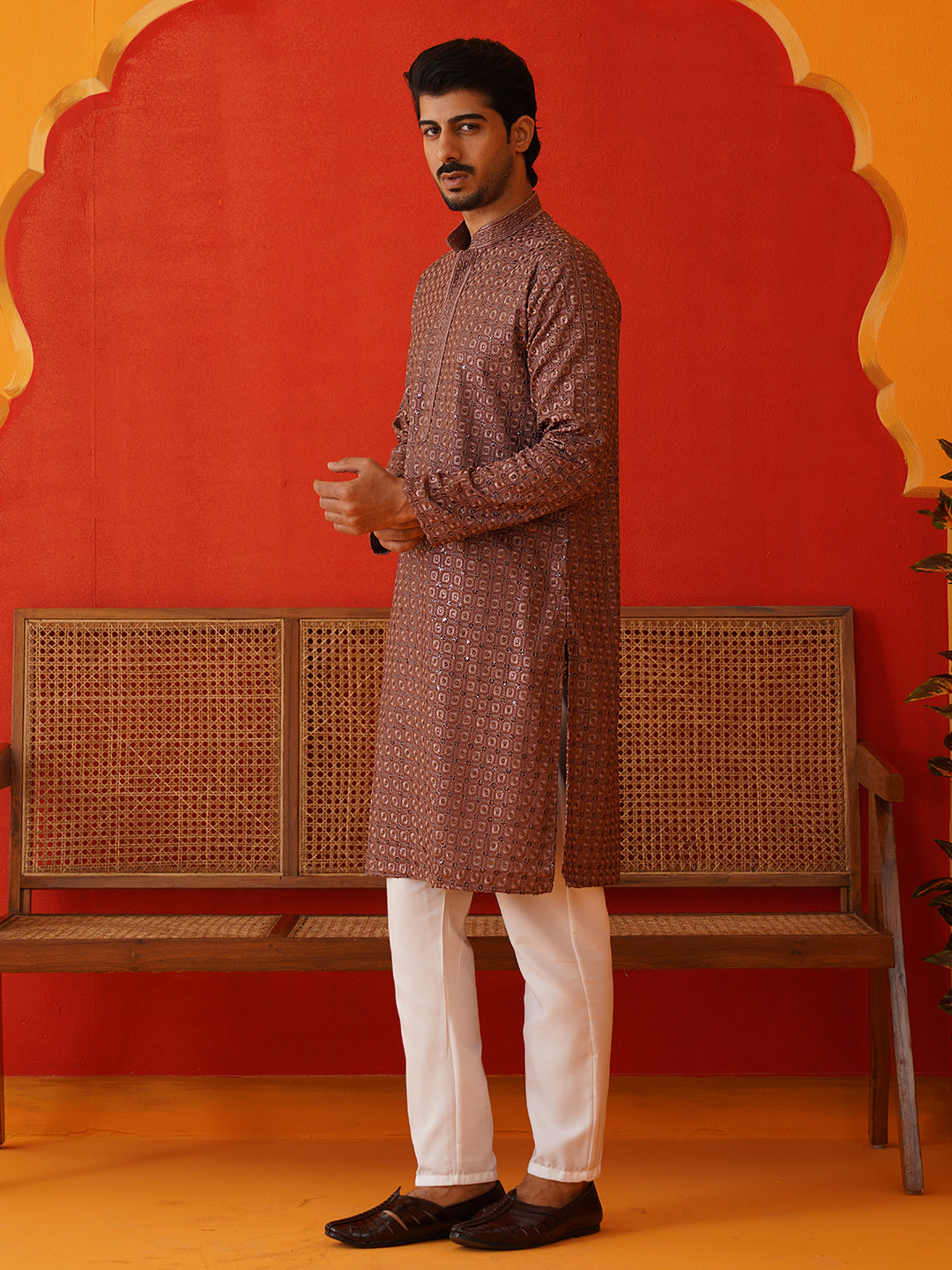 DesiQlo Men Embroidered Kurta Pyjama Set - Red - JOKP_P_5131Rust_S