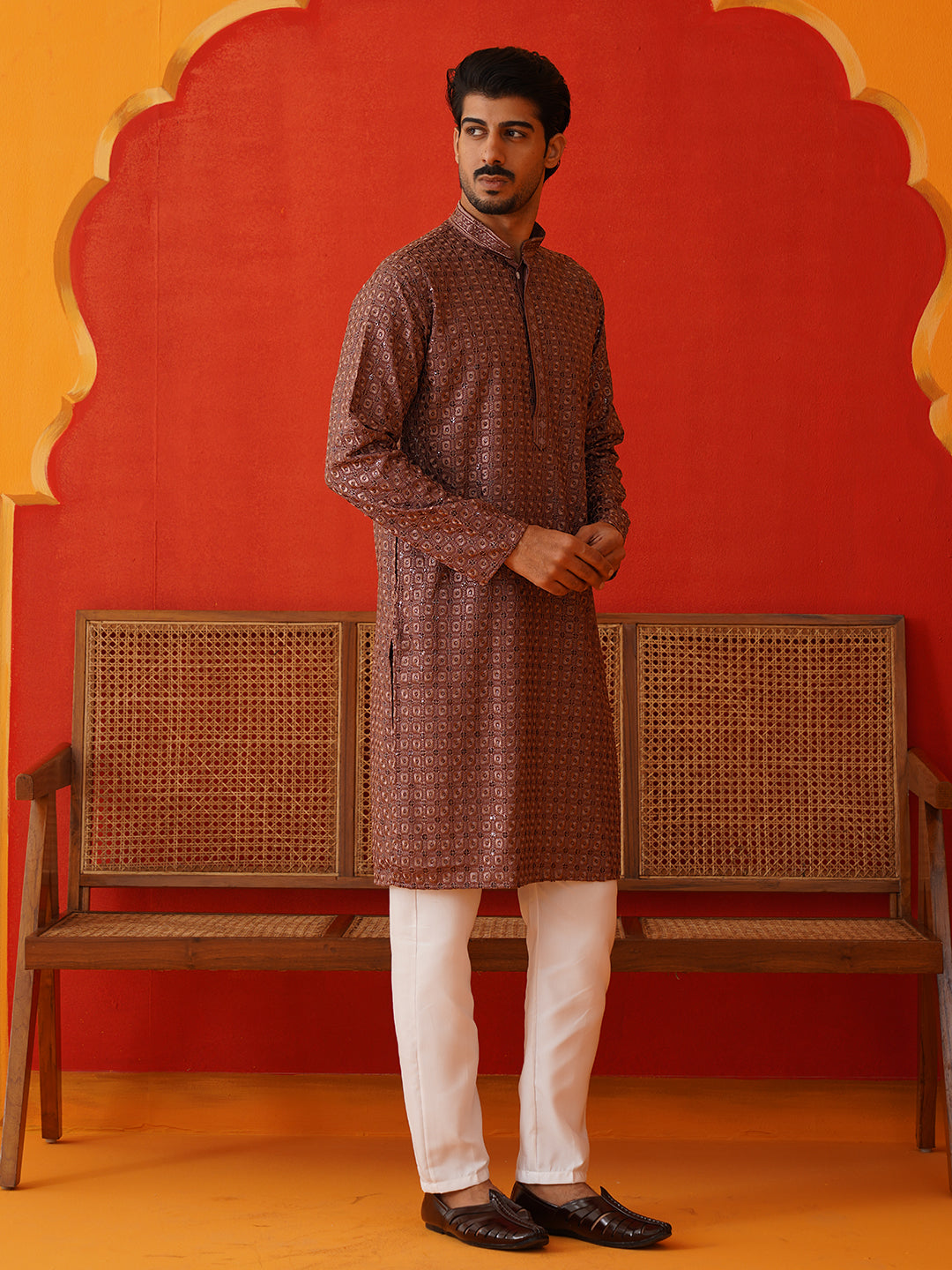 DesiQlo Men Embroidered Kurta Pyjama Set - Red - JOKP_P_5131Rust_S
