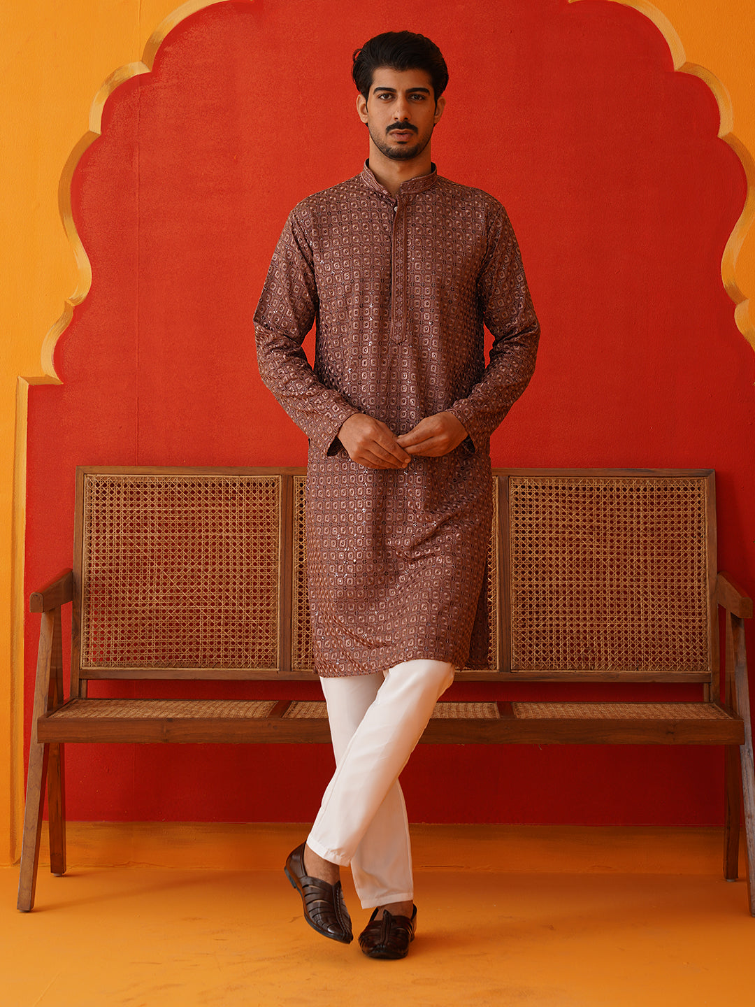 DesiQlo Men Embroidered Kurta Pyjama Set - Red - JOKP_P_5131Rust_S