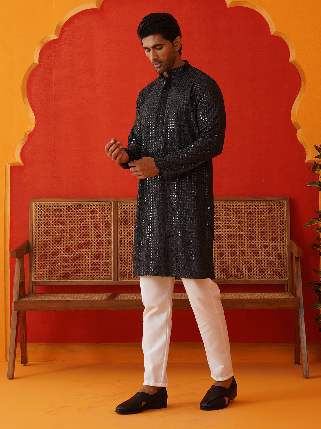 DesiQlo Men Embroidered Kurta Pyjama Set - Black - JOKP_P_5136Black_S