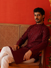 Men's Embroidered & Sequence Kurta Set ( JOKP P 5136Maroon ) [FF] [C-3]