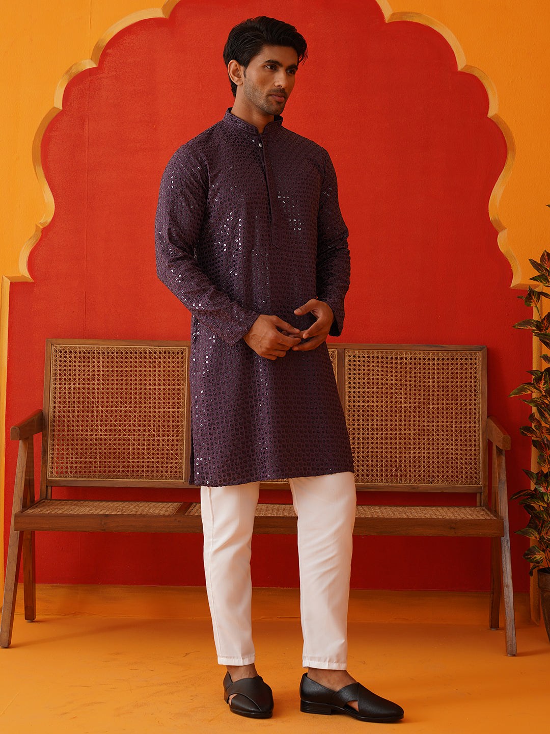 DesiQlo Men Embroidered Kurta Pyjama Set - Purple - JOKP_P_5136Purple_