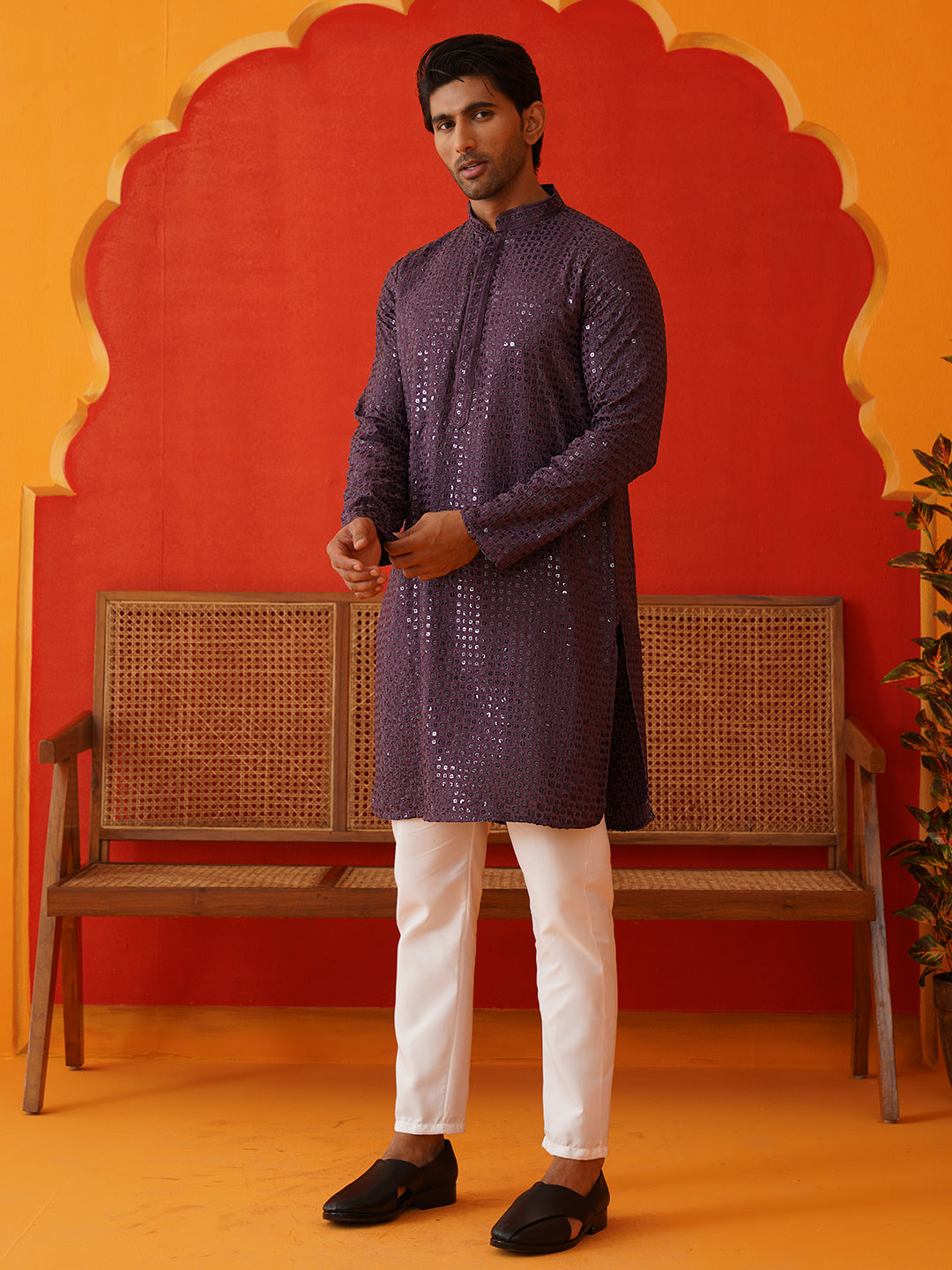 DesiQlo Men Embroidered Kurta Pyjama Set - Purple - JOKP_P_5136Purple_