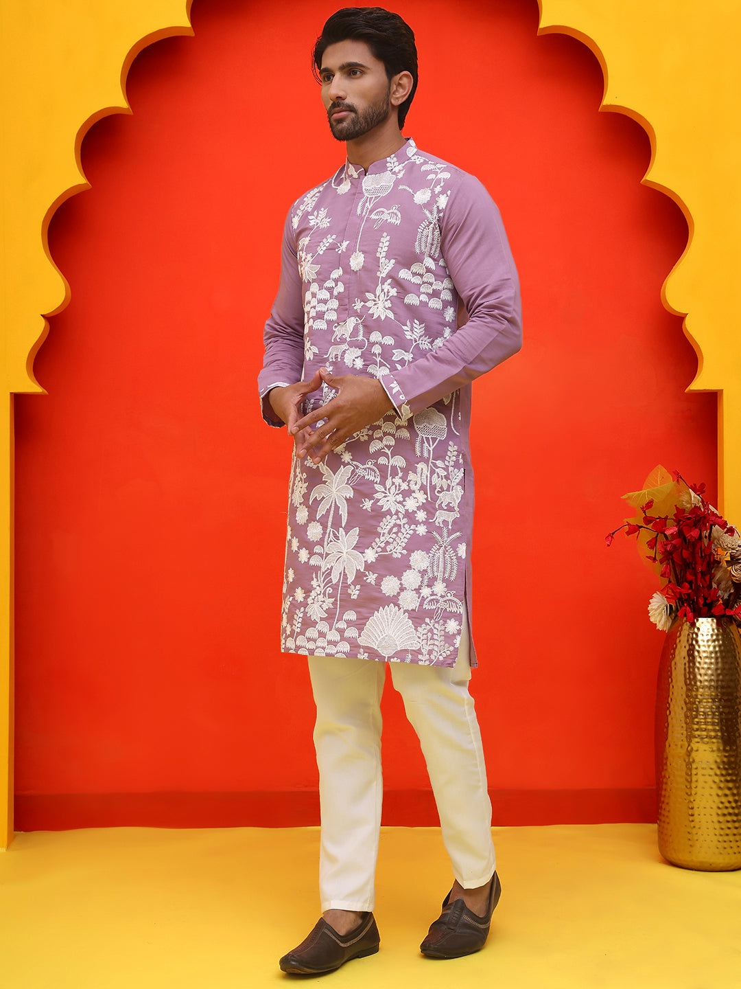 DesiQlo Men Embroidered Kurta Pyjama Set - Pink - JOKP_P_5137Magenta_S