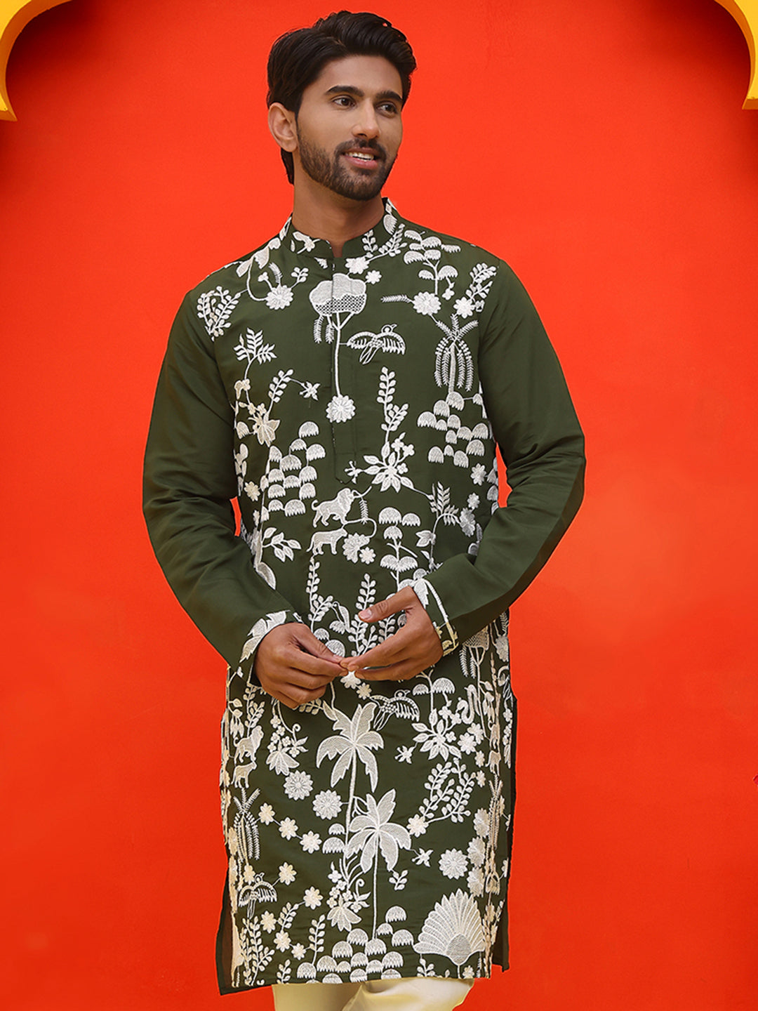 Embroidered Straight Kurtas ( KO 5137 Olive ) [FF] [F-11-12]