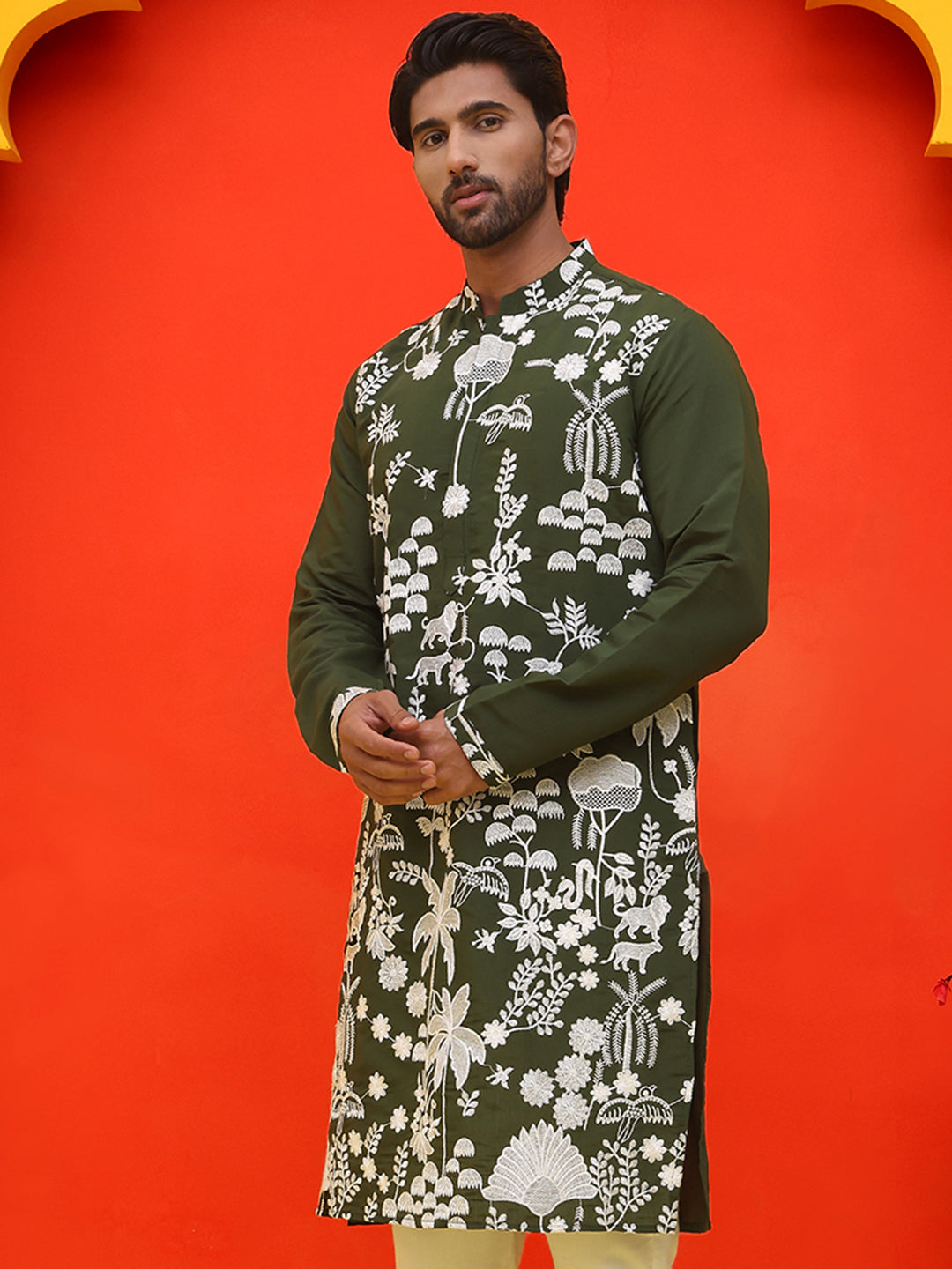 DesiQlo Men Floral Kurta Only - Green - KO_5137Olive_S