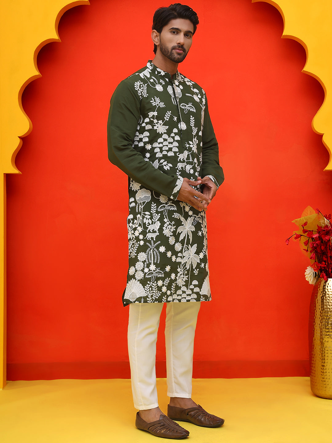 DesiQlo Men Embroidered Kurta Pyjama Set - Green - JOKP_P_5137Olive_S