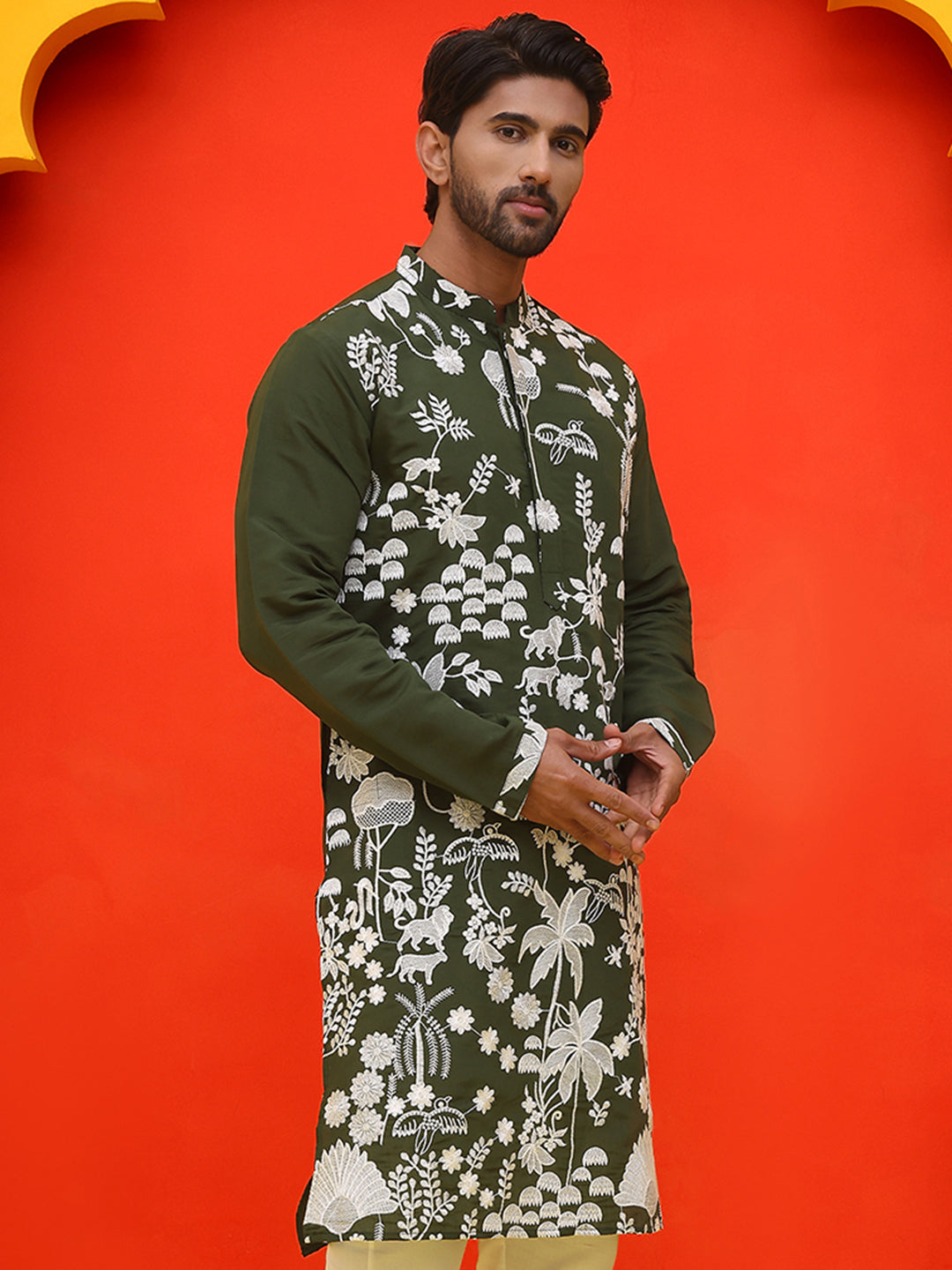 DesiQlo Men Floral Kurta Only - Green - KO_5137Olive_S