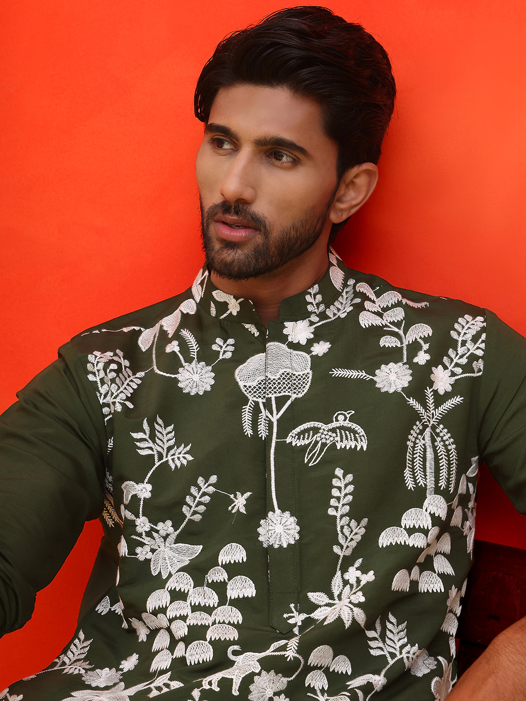 DesiQlo Men Floral Kurta Only - Green - KO_5137Olive_S