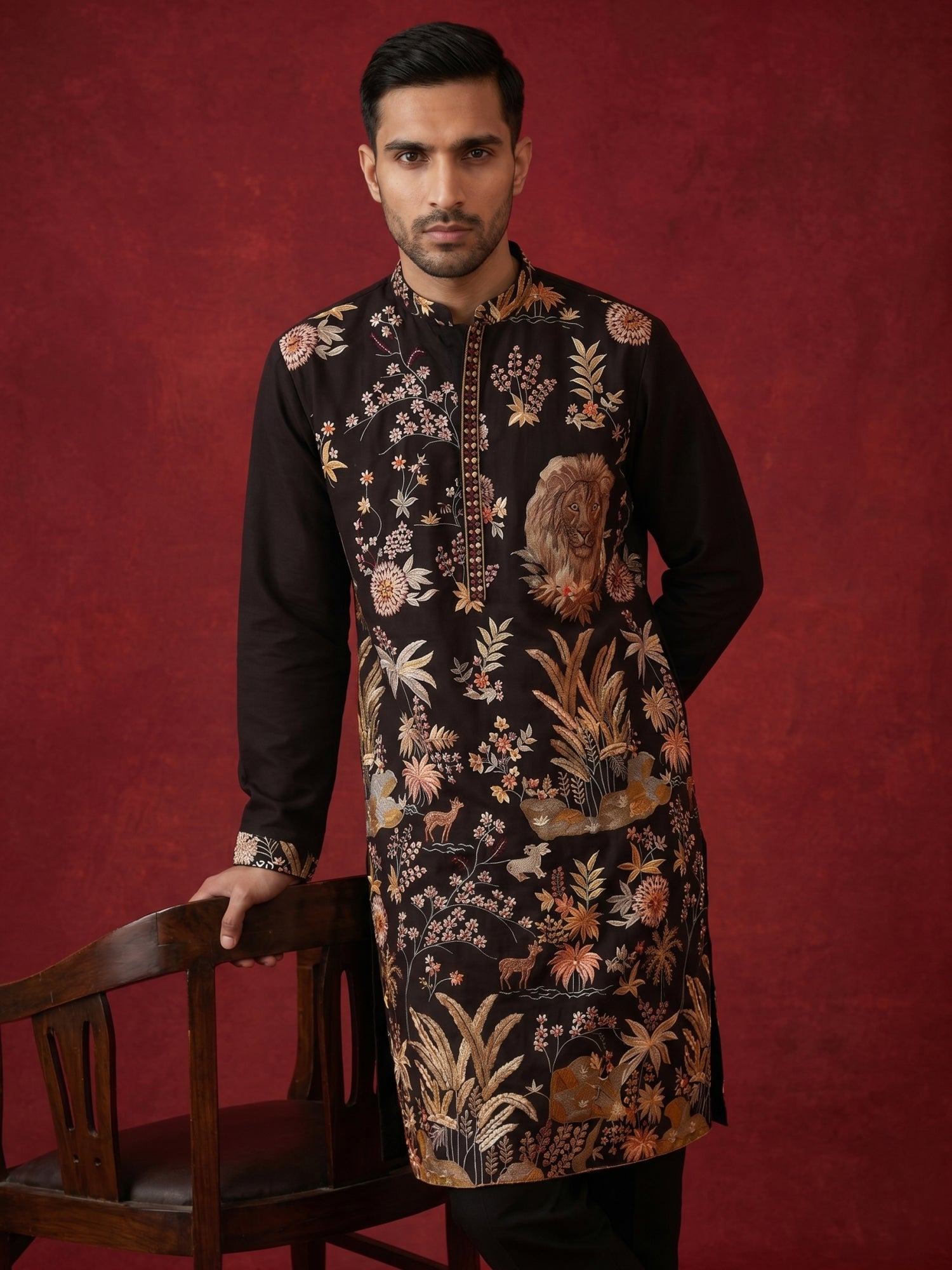 DesiQlo Men Embroidered Kurta Pyjama Set - Black - JOKP_B-P_5138Black_