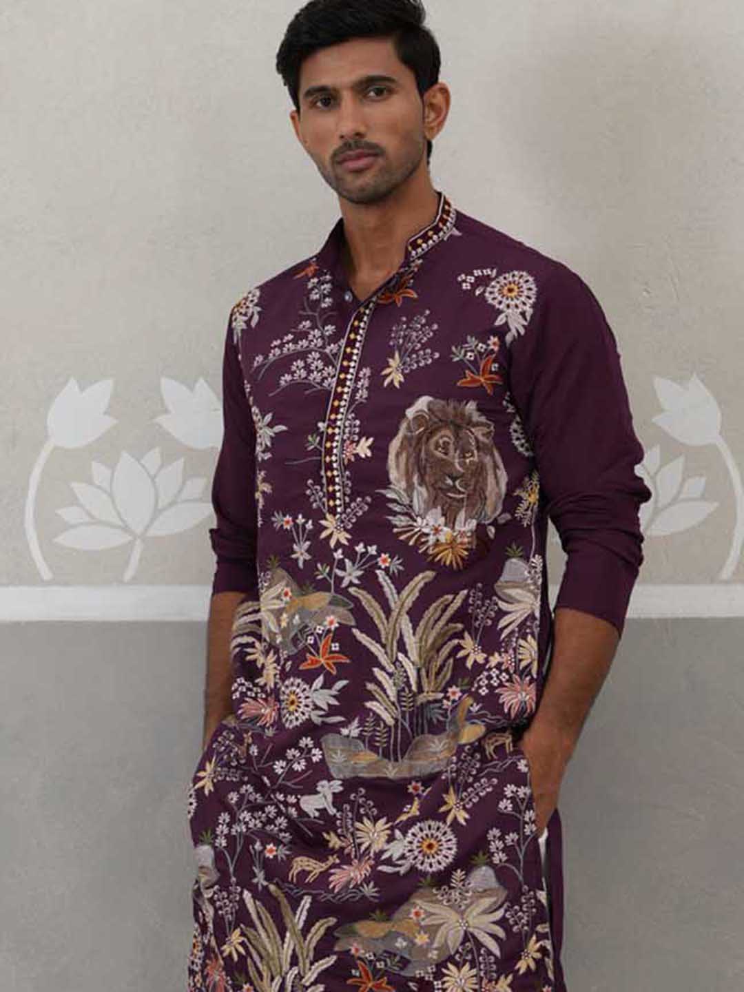 DesiQlo Men Embroidered Kurta Pyjama Set - Purple - JOKP_P_5138Purple_