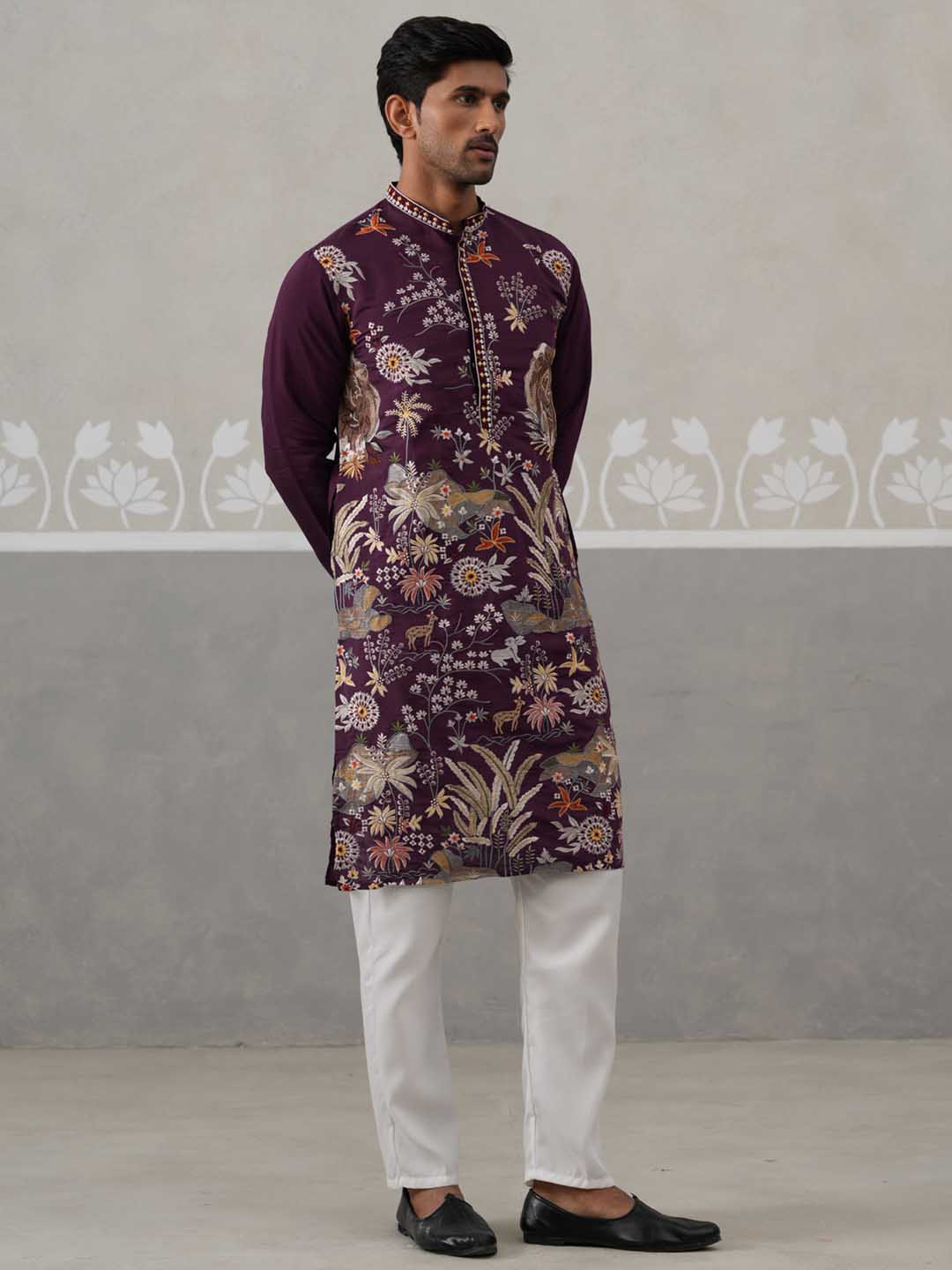 DesiQlo Men Embroidered Kurta Pyjama Set - Purple - JOKP_P_5138Purple_