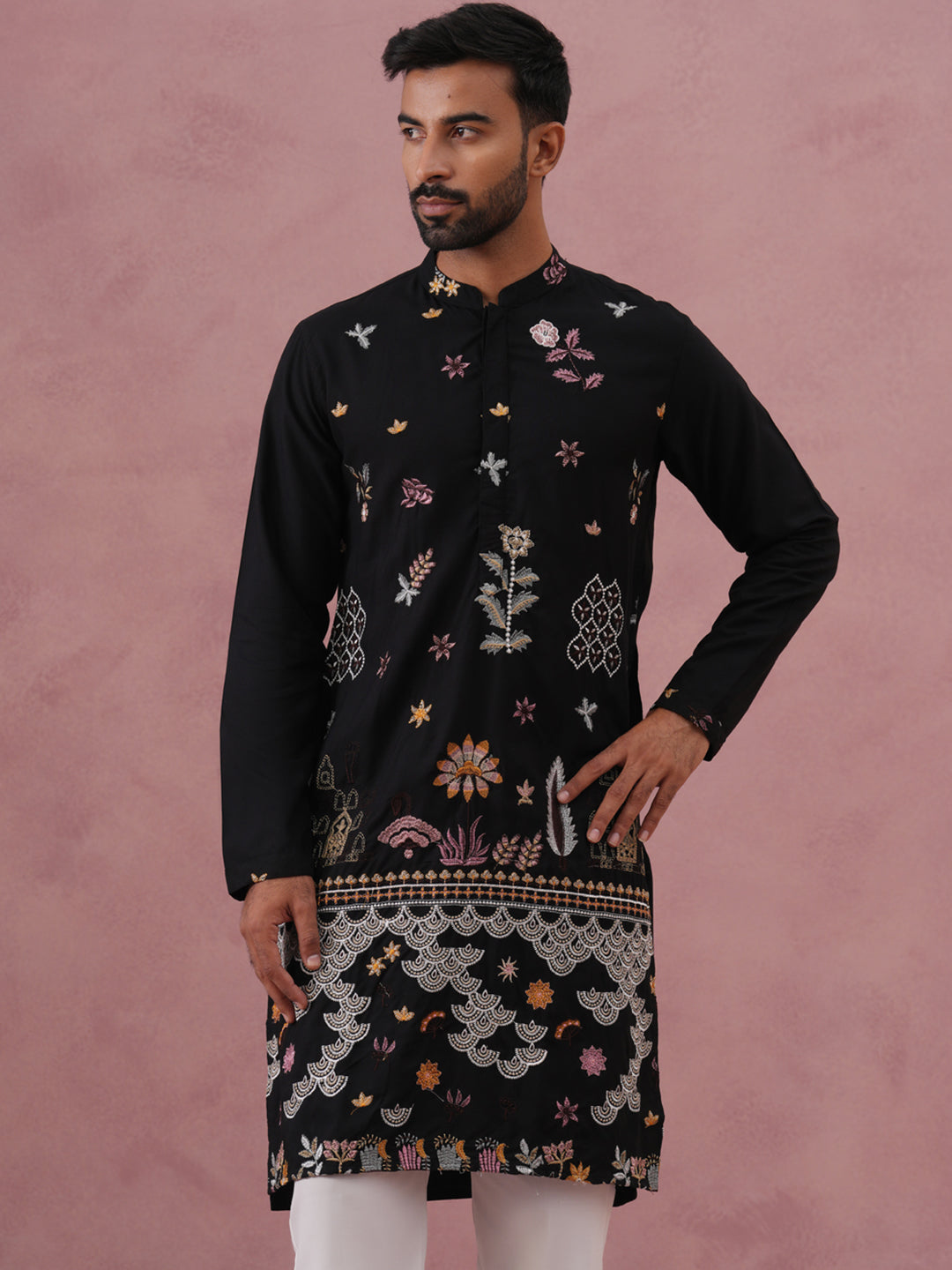 DesiQlo Men Embroidered Kurta Pyjama Set - Black - JOKP_P_5140Black_S