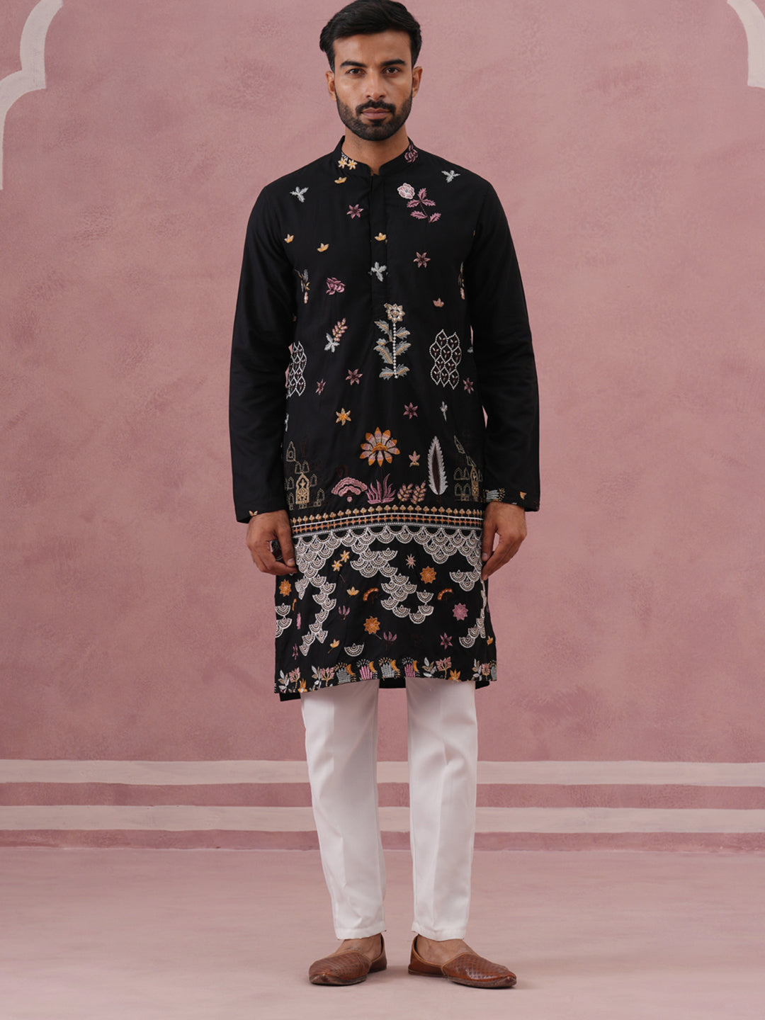 DesiQlo Men Embroidered Kurta Pyjama Set - Black - JOKP_P_5140Black_S