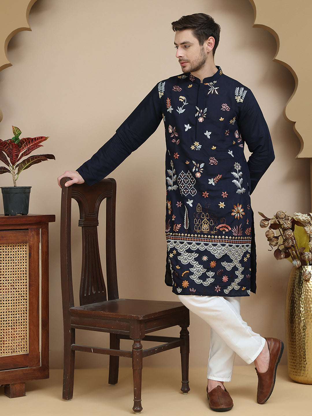 Floral Embroidered and Sequins Kurta Set ( JOKP P 5140 Navy ) [FF] [D-5-6 & C5-6]
