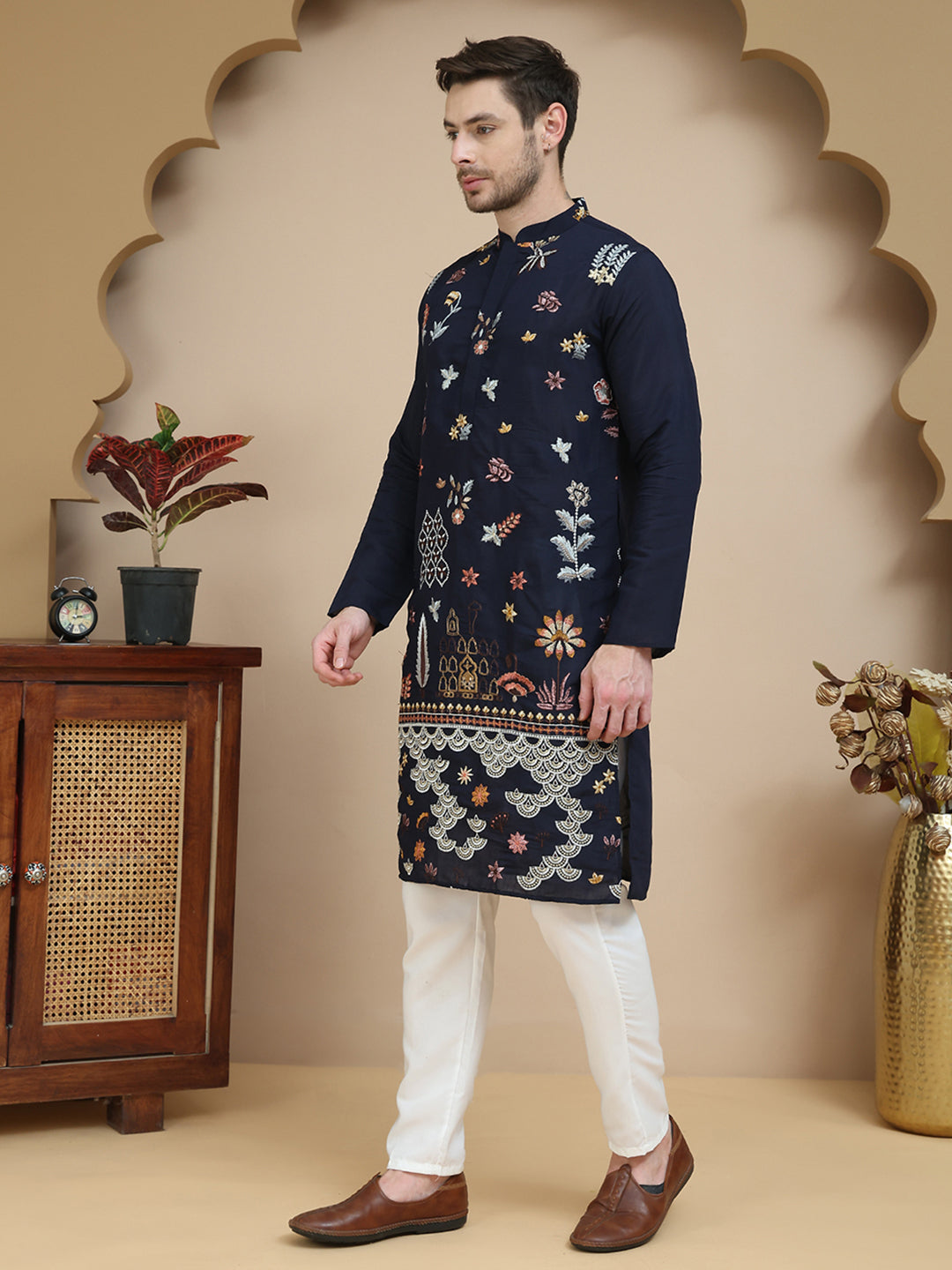DesiQlo Men Embroidered Kurta Pyjama Set - Blue - JOKP_P_5140Navy_S