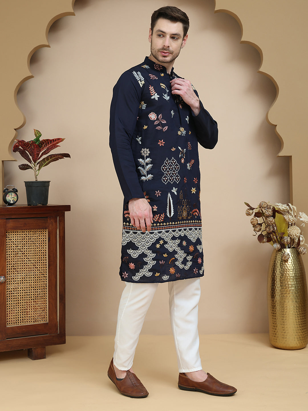 DesiQlo Men Embroidered Kurta Pyjama Set - Blue - JOKP_P_5140Navy_S