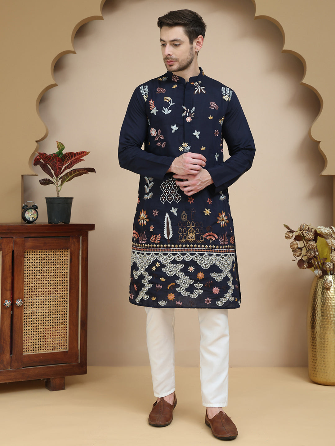 DesiQlo Men Embroidered Kurta Pyjama Set - Blue - JOKP_P_5140Navy_S
